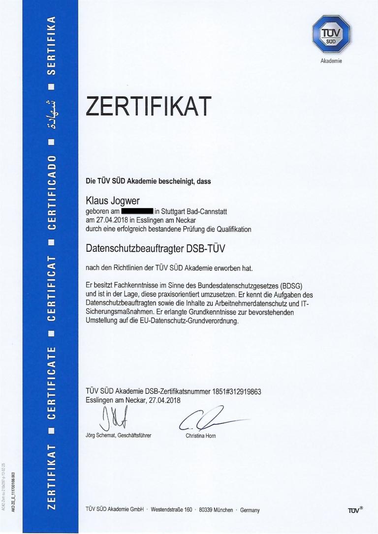 TÜV-Süd Zertifikat